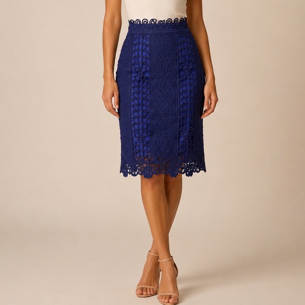Luzia Fazzolli Royal Blue Guipure Floral Lace Pencil Skirt Size 36 Brazil